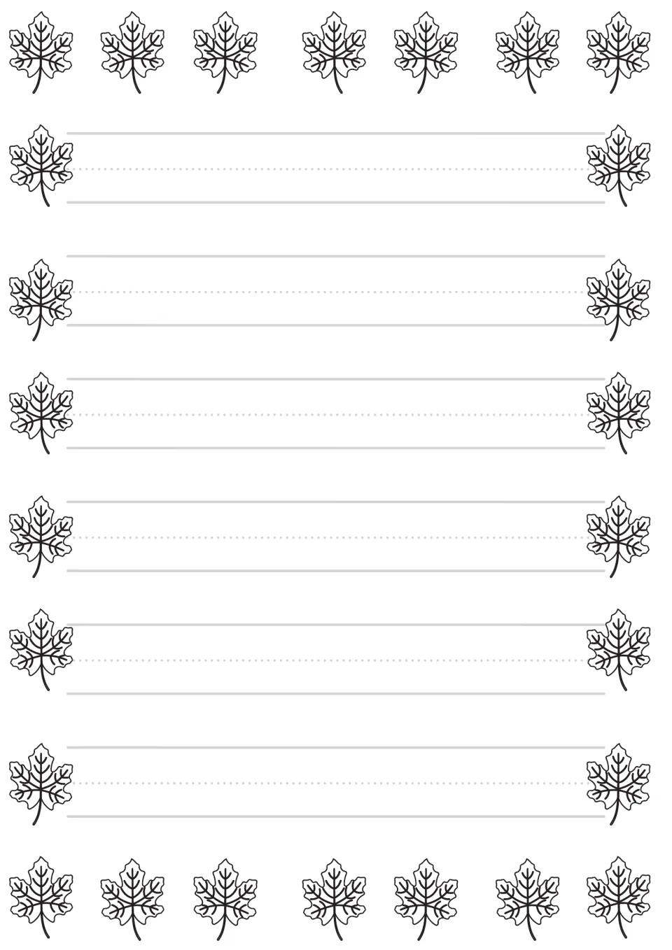 Outline maple leaf handwriting paper: students print on seven primary rows with dotted middle guides and can color leaves
