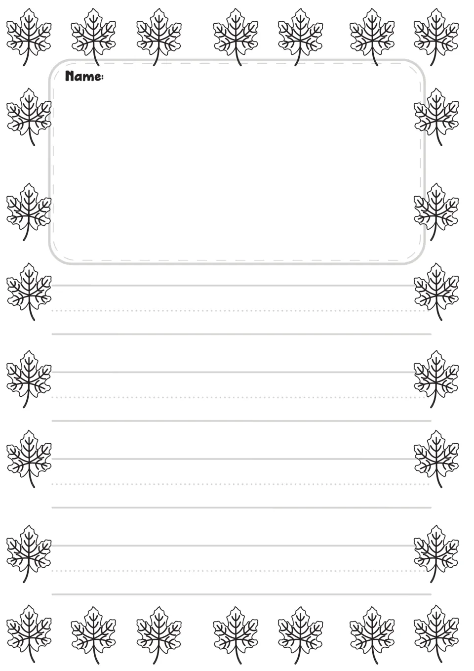 Outline maple leaf journal page: students add their name, sketch a picture up top, then print sentences on four primary rows