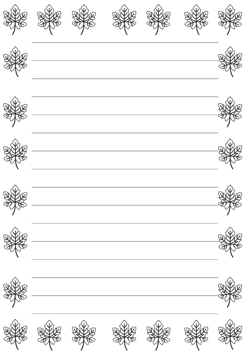Outline maple leaf writing paper: six plain double rows without a dotted guide, plus leaves for students to color