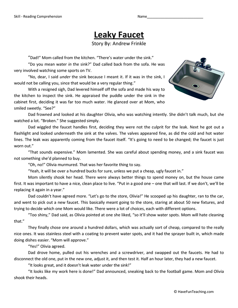 Leaky Faucet Reading Comprehension Worksheet teaching resource preview
