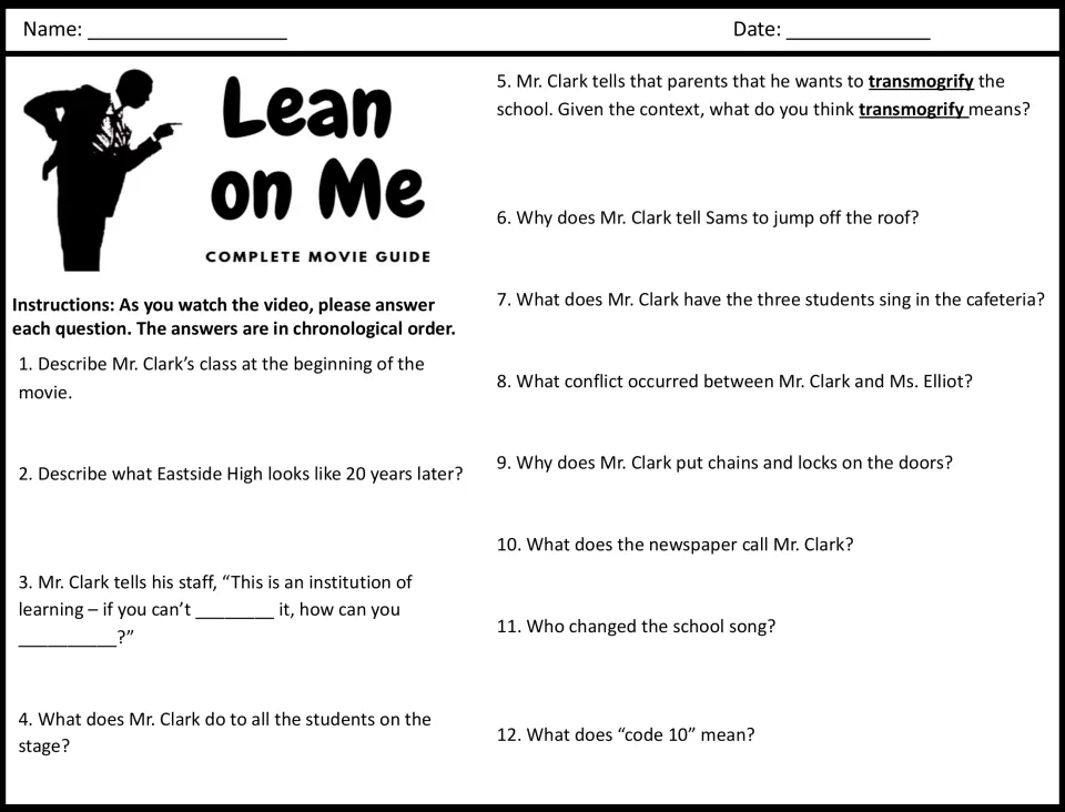 Lean on Me viewing questions 1-12: students answer in order about Mr. Clark, Eastside High and the word transmogrify