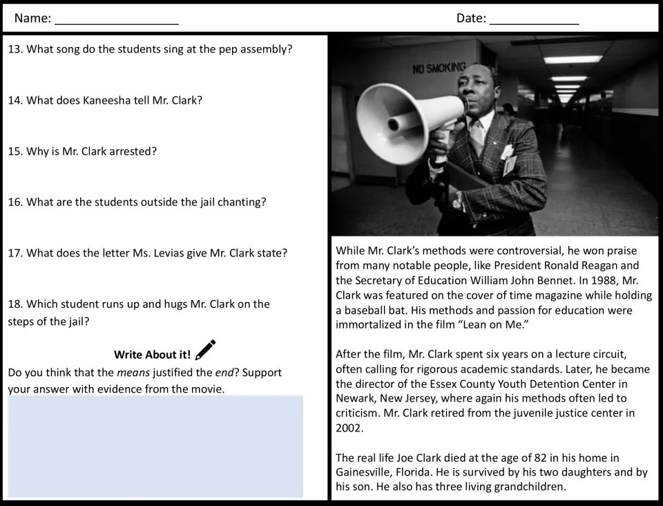 Movie questions 13-18 on Mr. Clark's arrest, a means-vs-end writing prompt and a short real-life Joe Clark biography