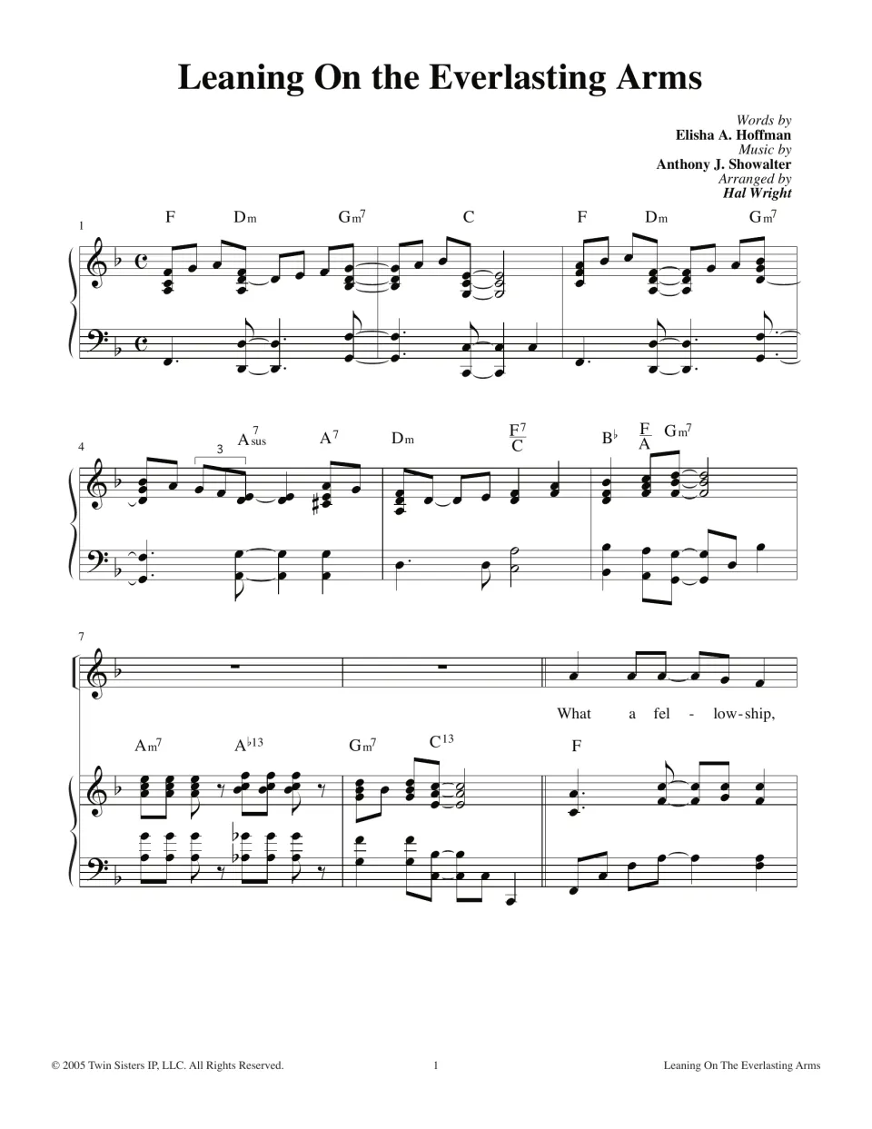 Leaning On the Everlasting Arms, piano-vocal score in F: piano intro with chords, then voice enters on 'What a fellowship'