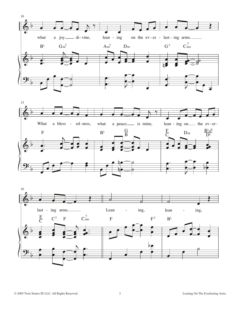 Hymn verse 1, measures 10-18: melody with lyrics 'what a joy divine' and 'what a blessedness' over piano chords in F