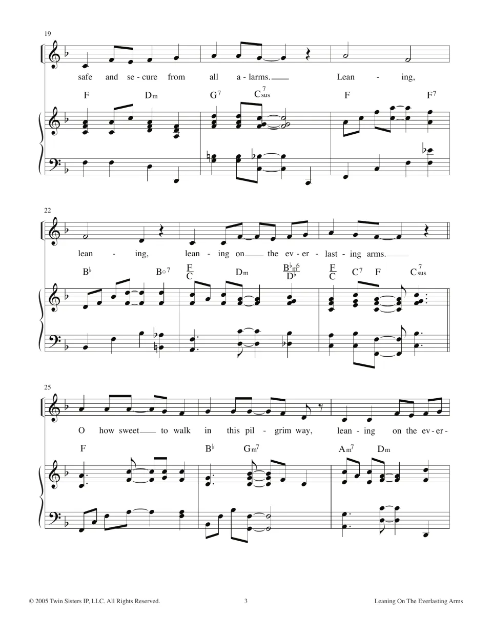 Refrain 'safe and secure from all alarms', measures 19-27, then verse 2 opens 'O how sweet to walk in this pilgrim way'