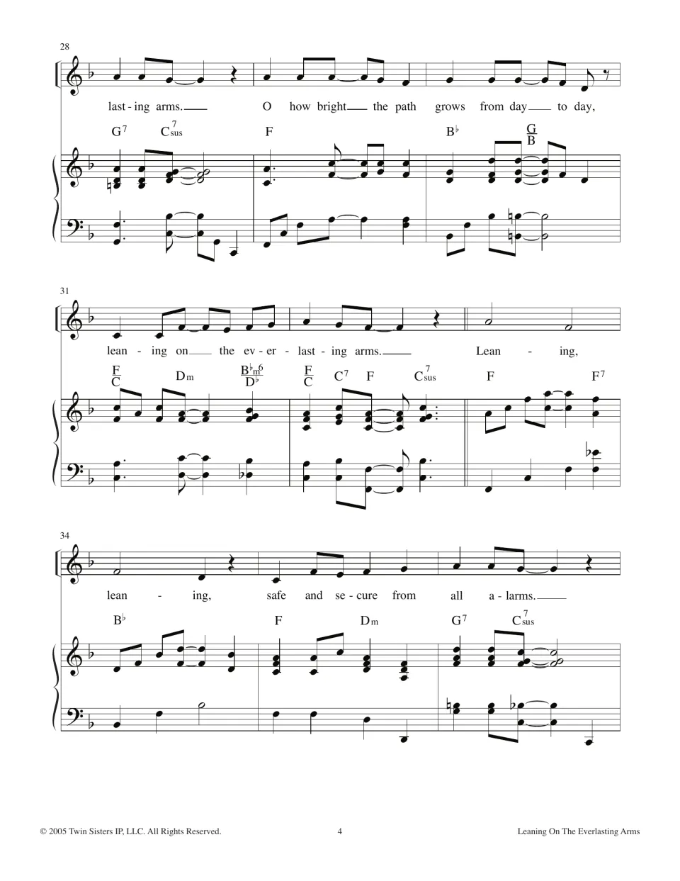 Measures 28-36: verse 2 continues with 'O how bright the path grows from day to day' into the 'Leaning, leaning' refrain