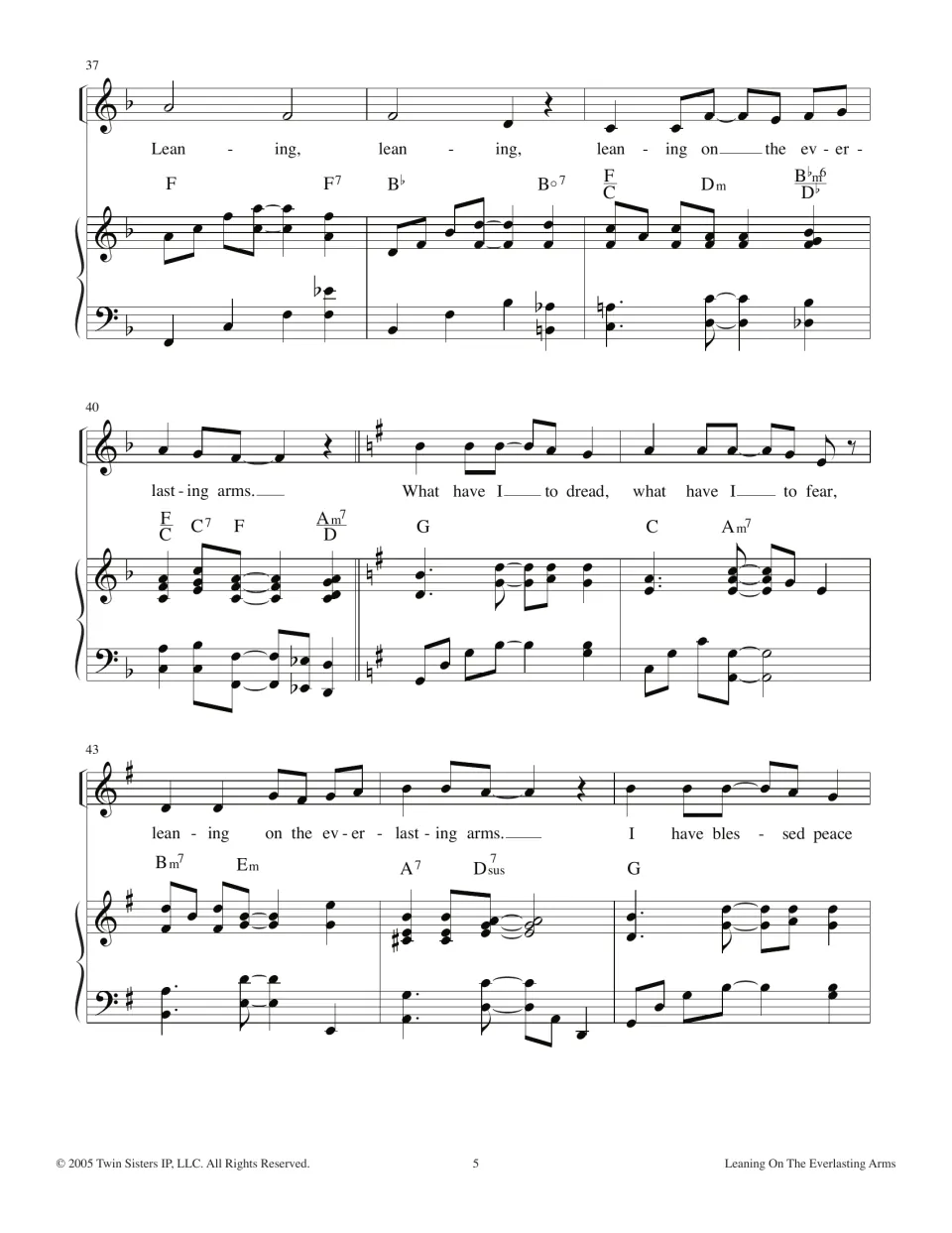 Measures 37-45: refrain ends in F, then a key change to G for verse 3, 'What have I to dread, what have I to fear'