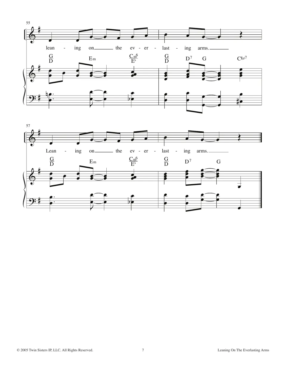 Closing measures 55-58: the last refrain line sung twice in G with chord symbols, ending on a G chord and final barline
