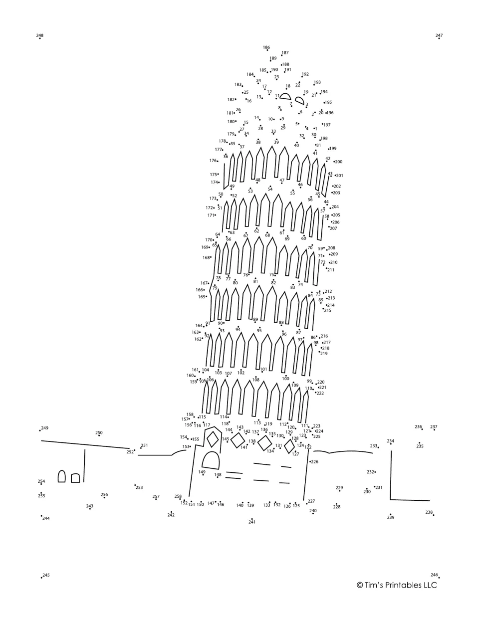 Dot-to-dot activity of the Leaning Tower of Pisa in Italy, with numbered dots 1–258 to connect.