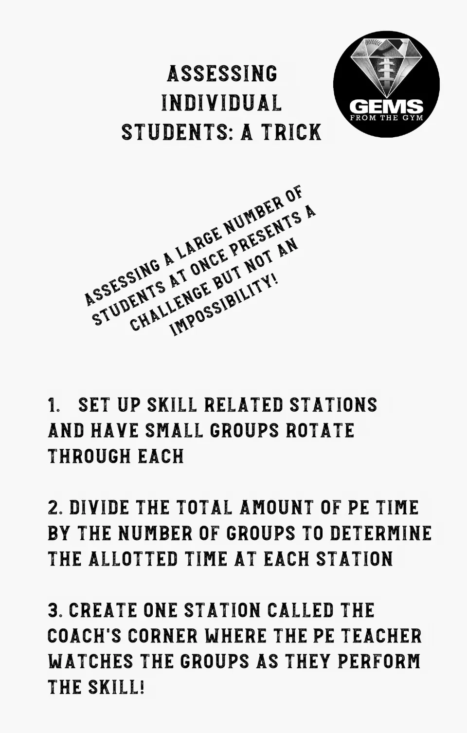 Grayscale copy of the station tip: rotate small groups through skill stations while the teacher observes at Coach's Corner
