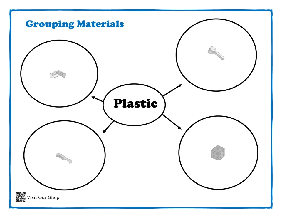 Plastic sorting mat with four picture guides for matching building bricks, spoons, a comb, and a die.
