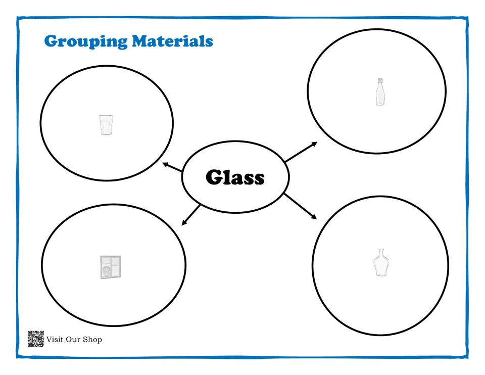 Glass sorting mat with four picture guides for matching a drinking glass, a bottle, a window, and a vase.