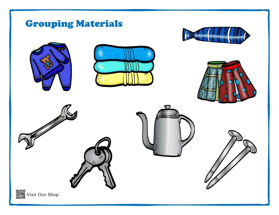 Fabric and metal cut-out sheet: pajamas, towels, a tie, skirts, a wrench, keys, a metal pot, and nails.