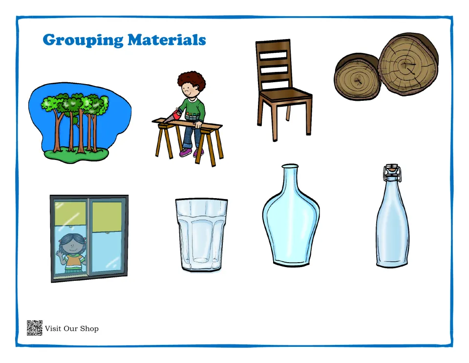 Wood and glass cut-out sheet: trees, a child sawing, a chair, log slices, a window, a glass, and two vessels.