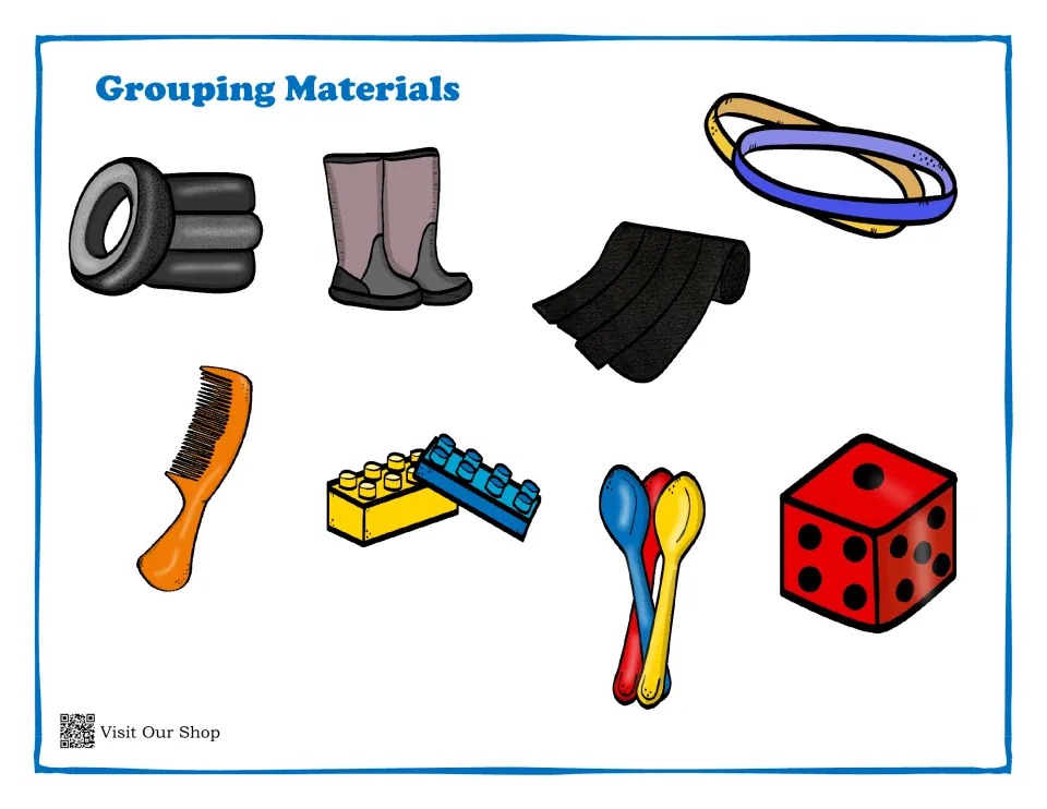 Rubber and plastic cut-out sheet: tires, boots, bands, rubber sheeting, a comb, bricks, spoons, and a die.