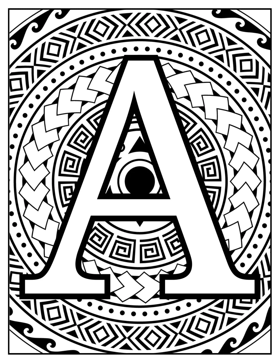 Alphabet coloring sheet for letter recognition: uppercase A over a mandala of dots and geometric shapes.