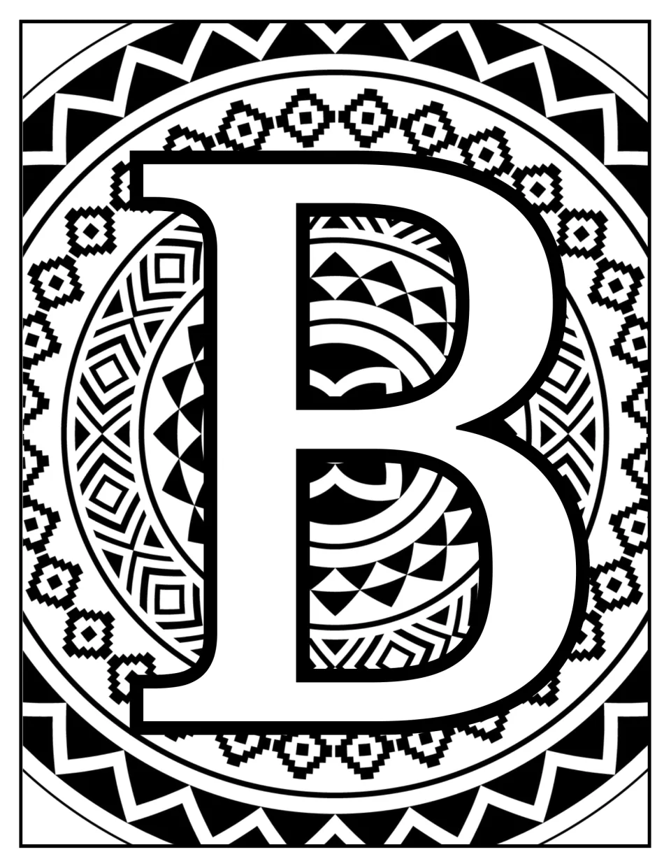 Alphabet coloring sheet for letter recognition: uppercase B over a mandala of diamonds and zigzag patterns.
