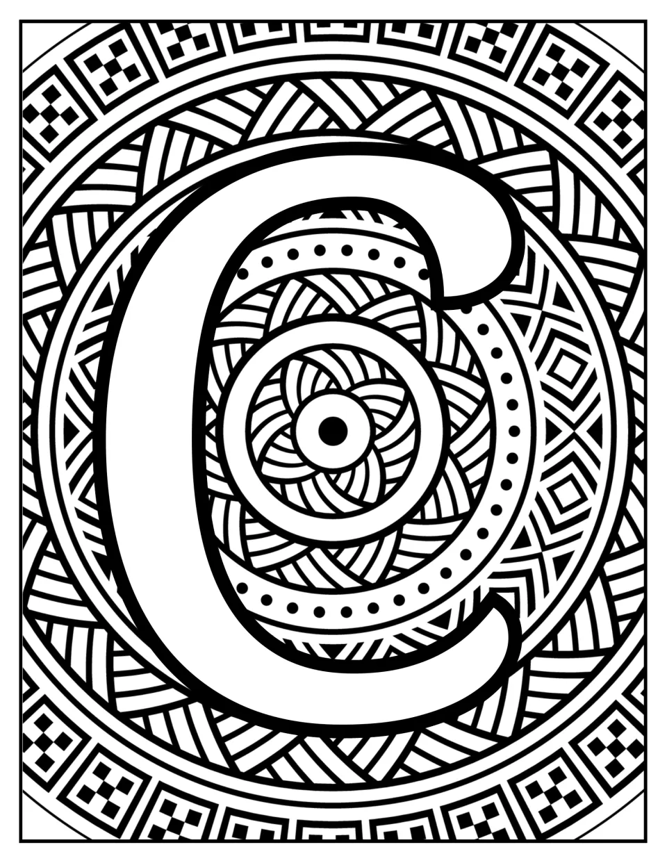 Alphabet coloring sheet for letter recognition: uppercase C over a mandala of woven shapes and dots.