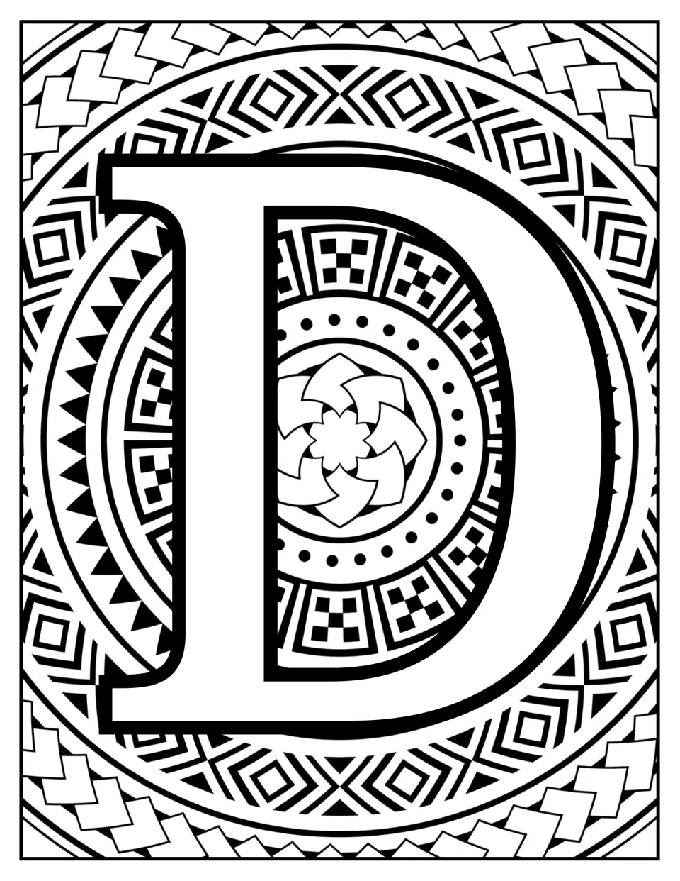 Alphabet coloring sheet for letter recognition: uppercase D over a mandala of checks, dots, and diamonds.