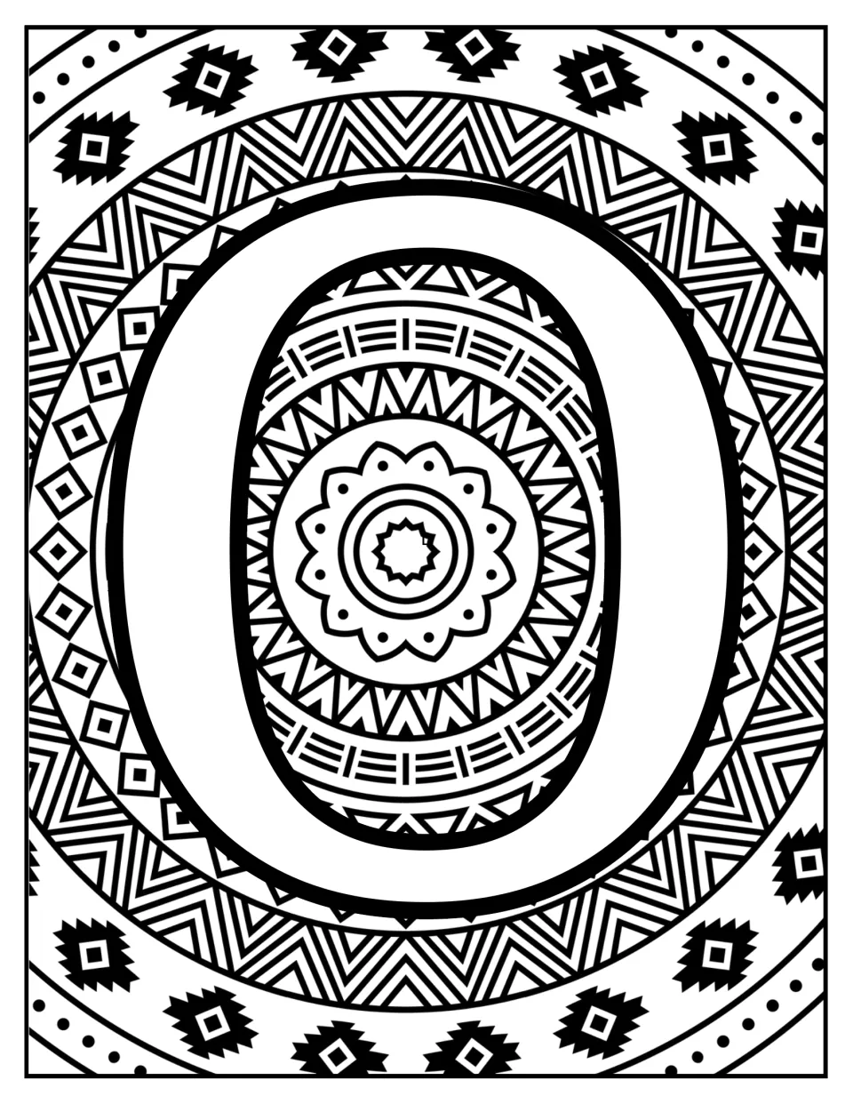 Alphabet coloring sheet for letter recognition: uppercase O over a mandala with a flower center and triangles.