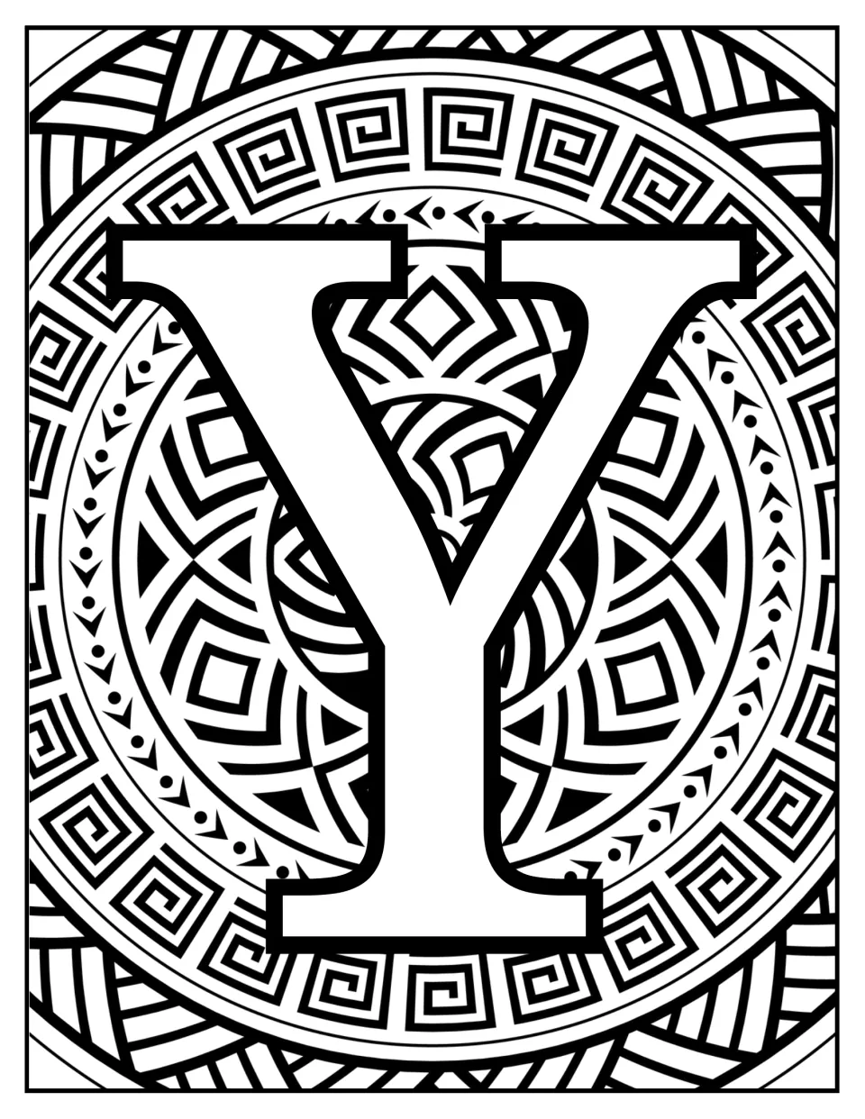 Alphabet coloring sheet for letter recognition: uppercase Y over a mandala of square spirals and diamonds.