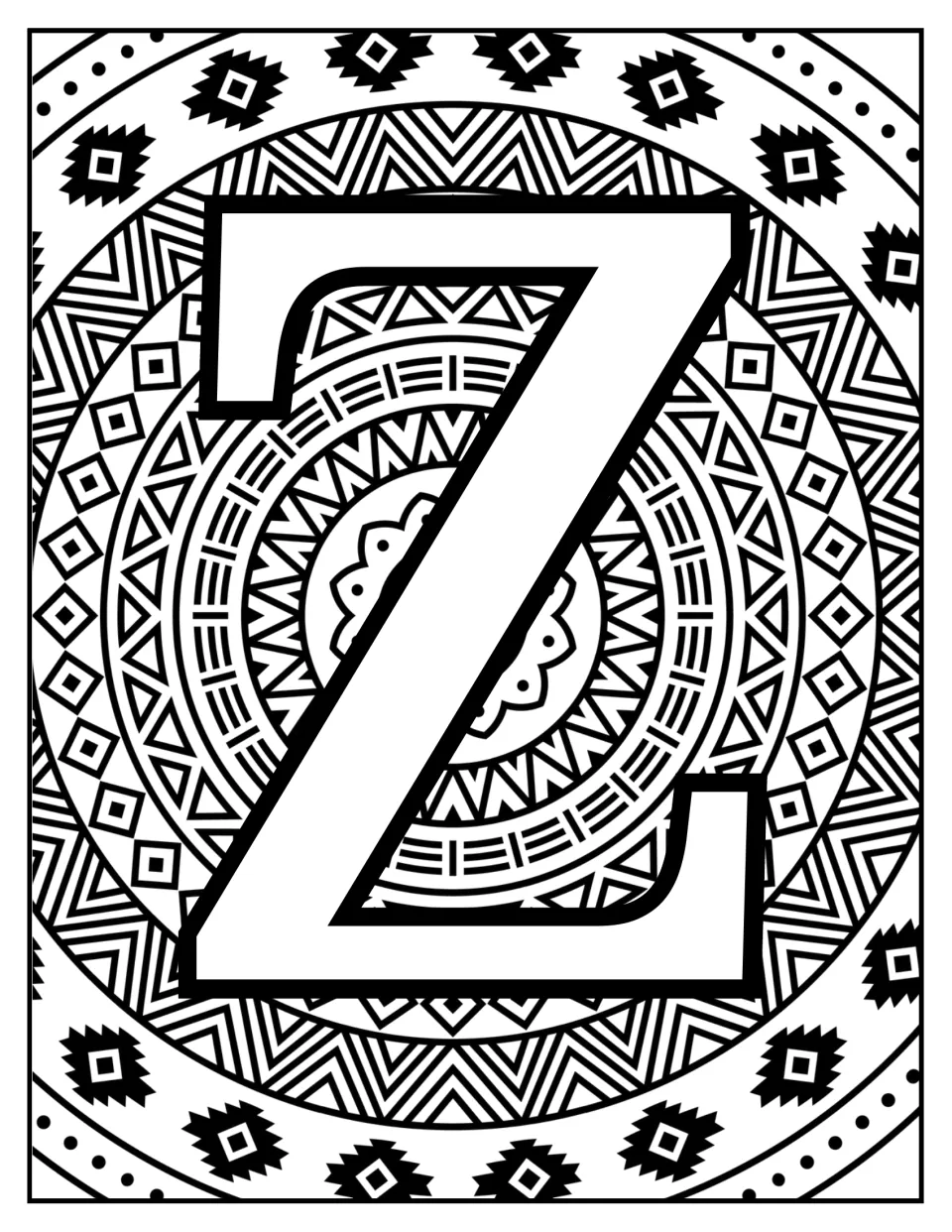 Alphabet coloring sheet for letter recognition: uppercase Z over a mandala of triangles and floral shapes.