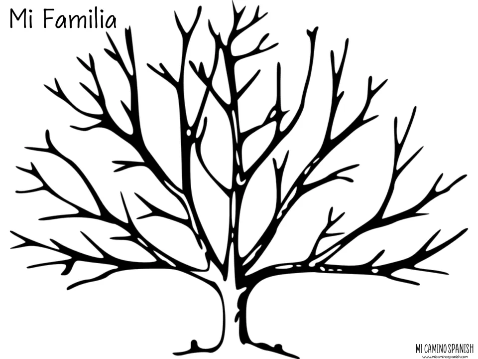 Mi Familia blank tree: bare branches where students glue pictures of their relatives, labeled in Spanish