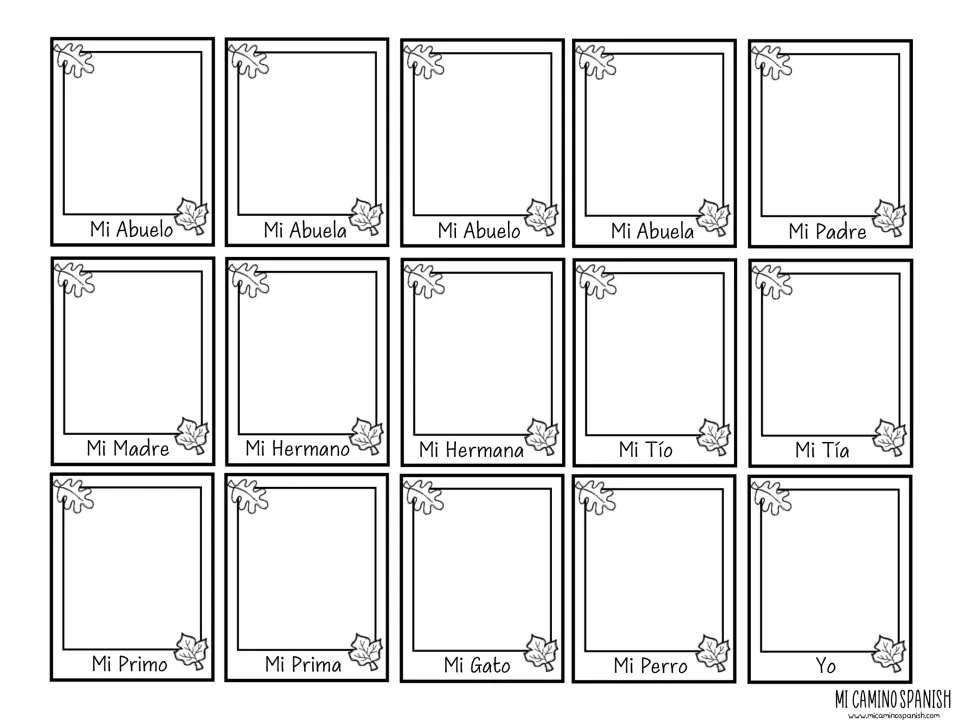 Blank picture cards labeled in Spanish (abuelo, madre, hermana, tío, gato, Yo and more) where students draw each relative