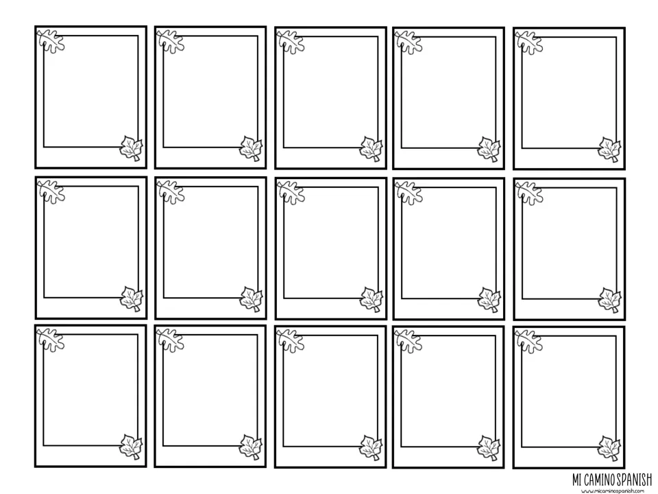 Unlabeled blank cards: 15 spaces where students draw their relatives and write each Spanish word themselves