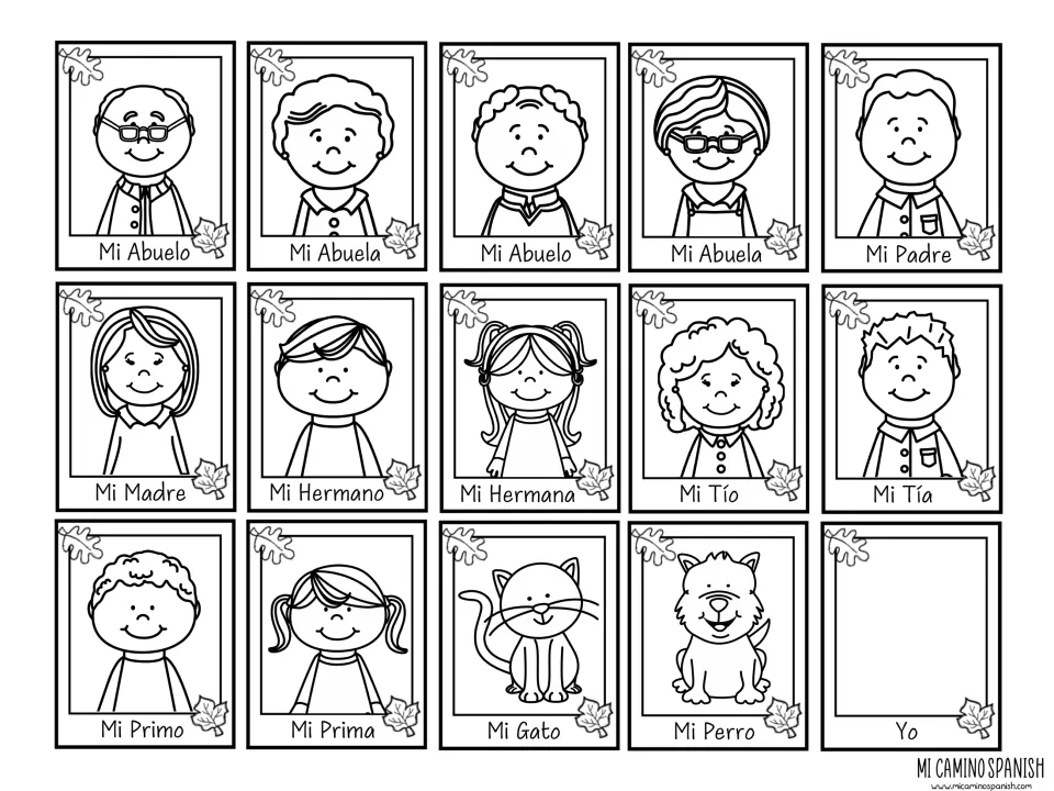 Coloring cards labeled in Spanish: grandparents, parents, siblings, aunt, uncle, cousins, a cat, a dog and an empty Yo card