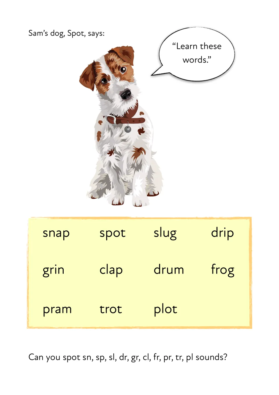 Blend word list: Spot the dog says learn snap, spot, slug, drip, grin, clap, drum, frog, pram, trot and plot