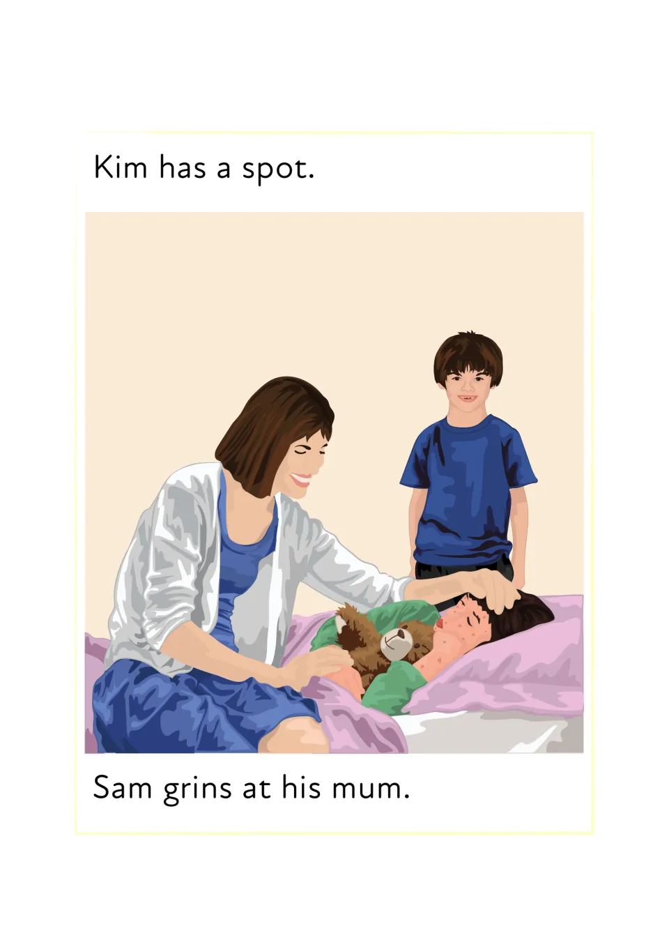 Reading sp and gr blends: sentences 'Kim has a spot' and 'Sam grins at his mum' with Kim sick in bed