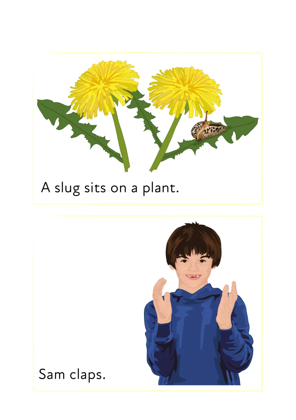 Reading sl and cl blends: 'A slug sits on a plant' with a slug on dandelions and 'Sam claps' with Sam clapping