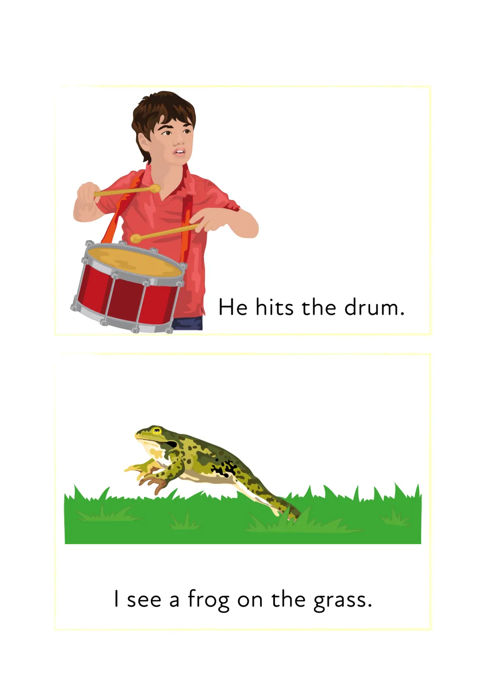 Reading dr and fr blends: 'He hits the drum' with a boy drumming and 'I see a frog on the grass' with a leaping frog