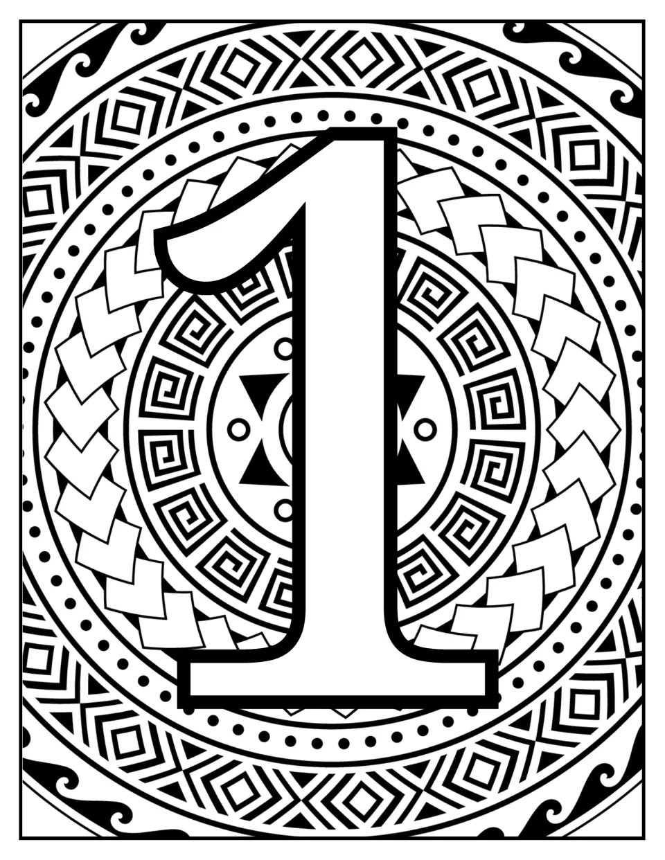Number-learning coloring page featuring numeral 1 over a circular mandala of diamonds, dots, and spirals