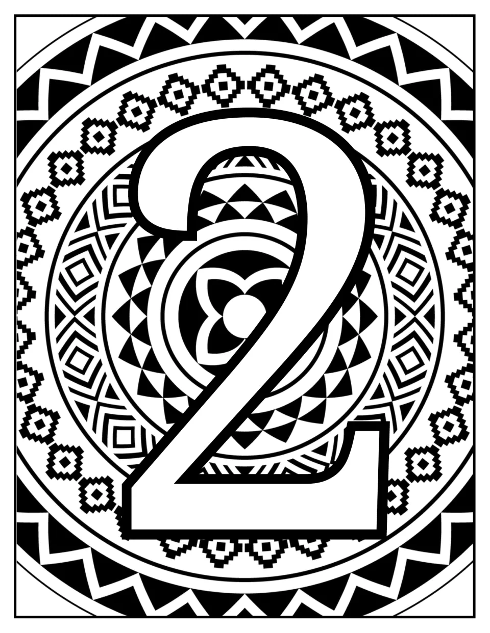 Number-learning coloring page featuring numeral 2 over a circular mandala of zigzags, diamonds, and triangles