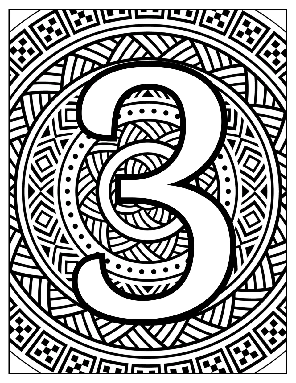 Number-learning coloring page featuring numeral 3 over a circular mandala of woven bands, dots, and squares