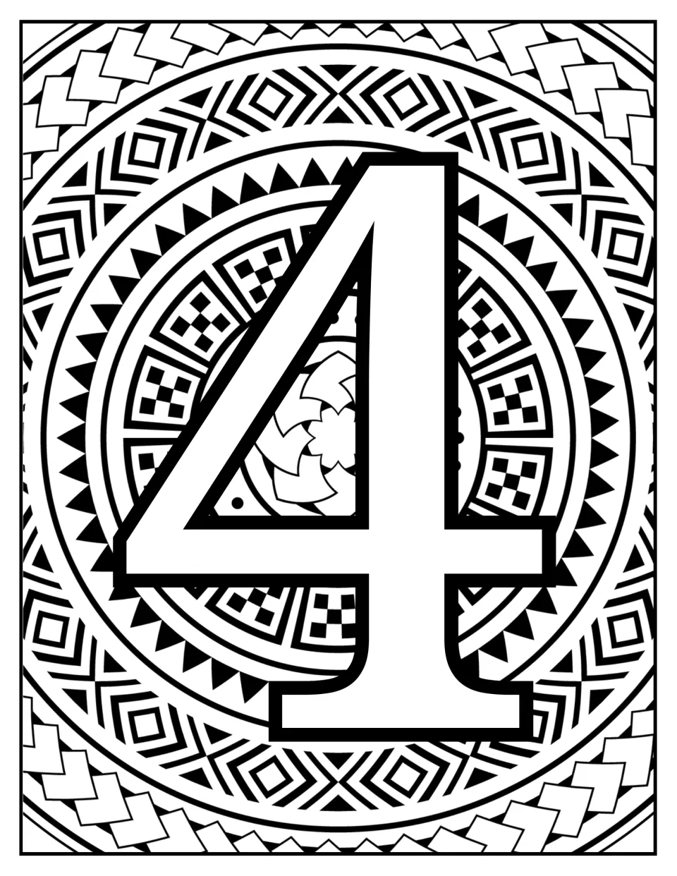 Number-learning coloring page featuring numeral 4 over a circular mandala of triangles and checkered squares