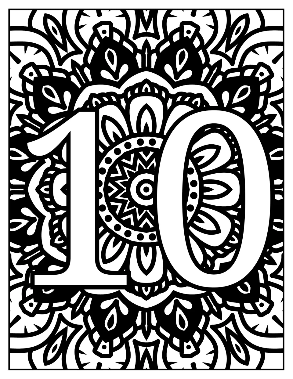 Number-learning coloring page featuring numeral 10 over a floral mandala with petals and leaflike shapes