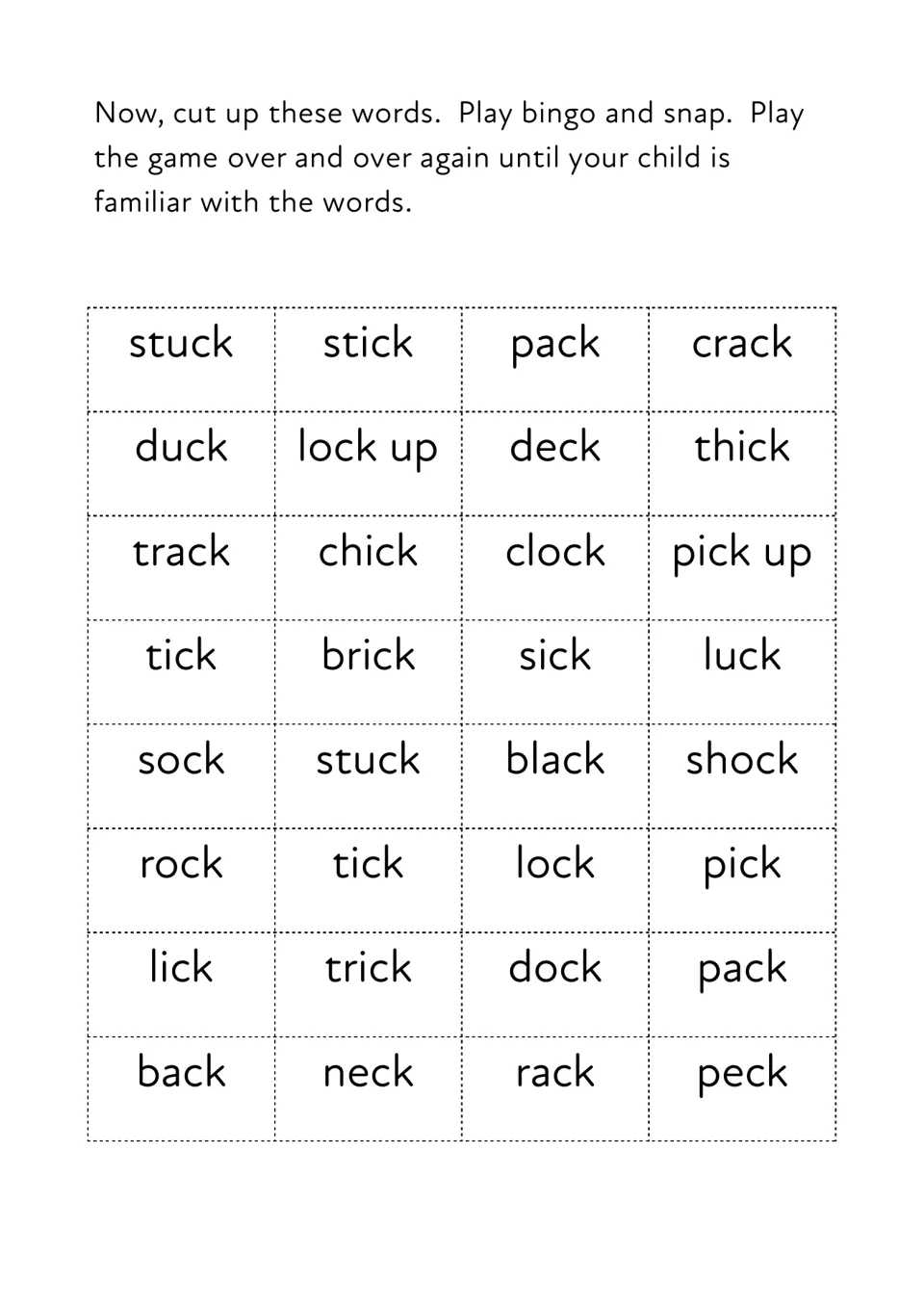 ck word cards to cut up for bingo and snap: 32 words such as stuck, duck, clock, brick, sock and peck to read aloud