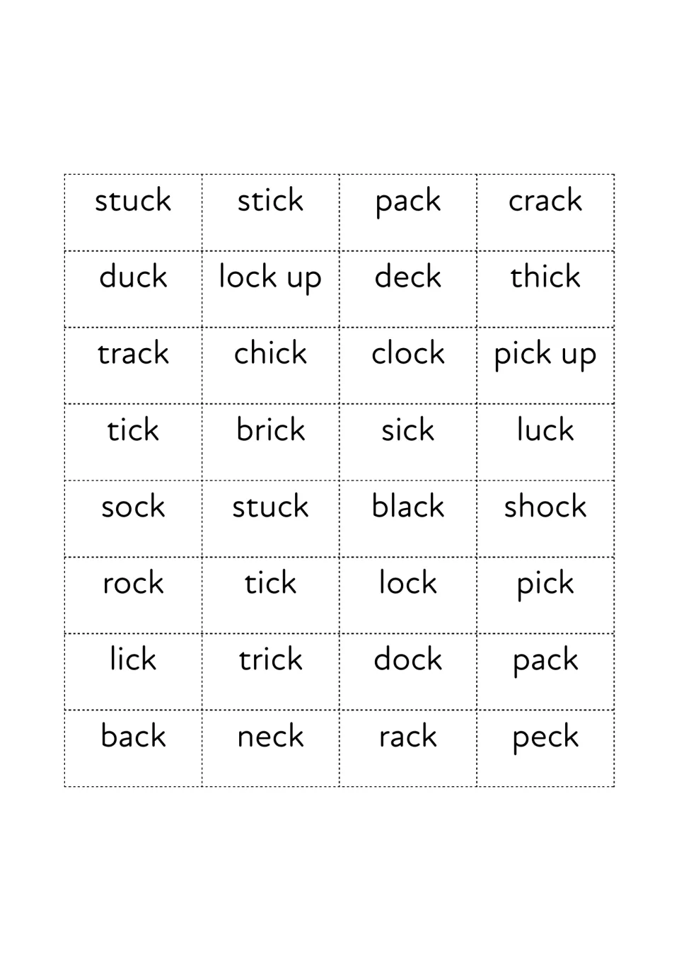 Second set of 32 ck word cards to cut out, repeating stuck, lock up, chick, pick up, black and rack for snap pairs