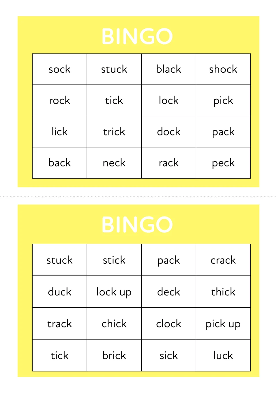 Two yellow BINGO boards of 16 ck words each, one with sock, rock, lick and back, the other with stuck, duck, track and tick