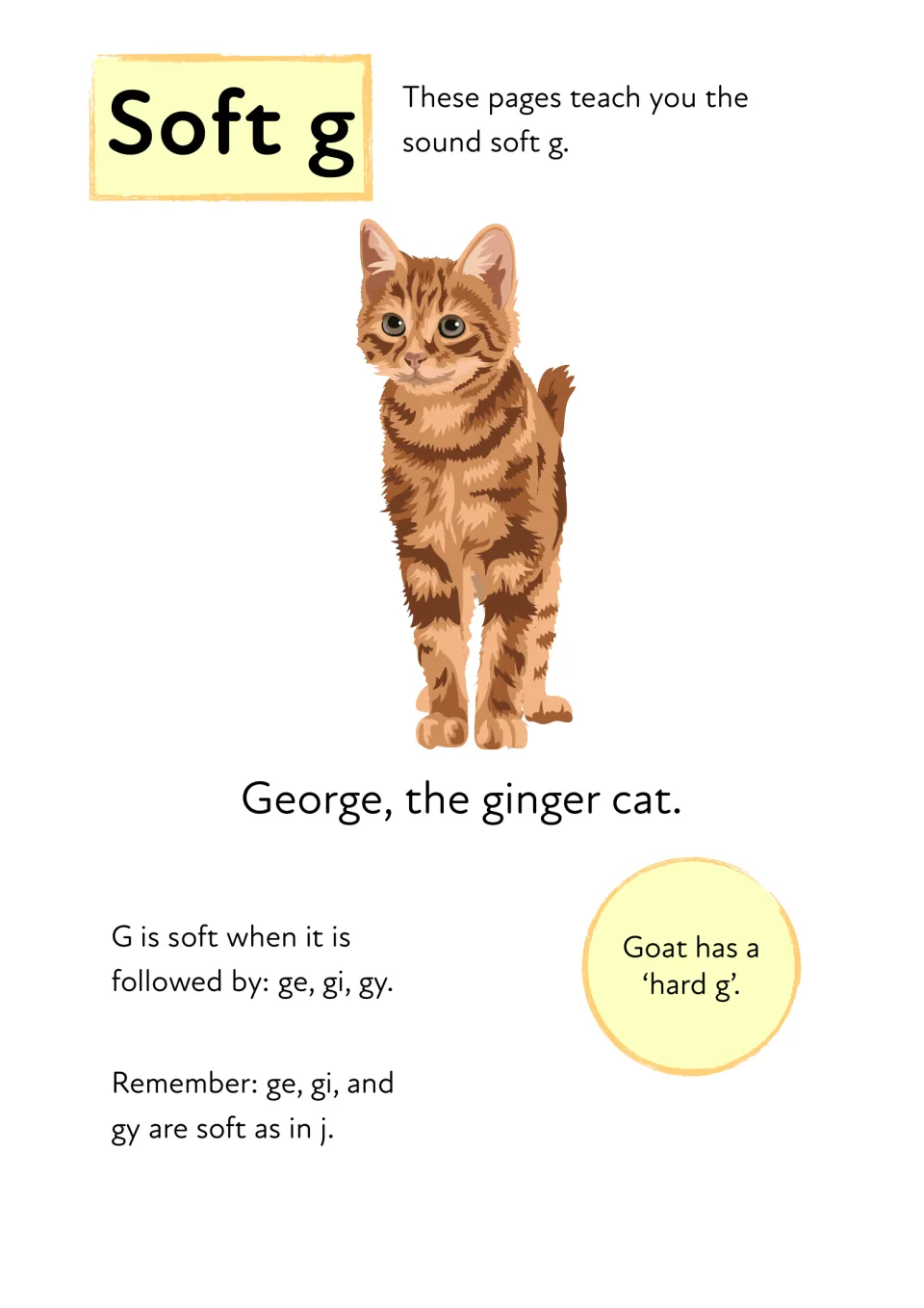 Soft g phonics rule: g is soft before e, i and y as in George, the ginger cat, contrasted with the hard g in goat