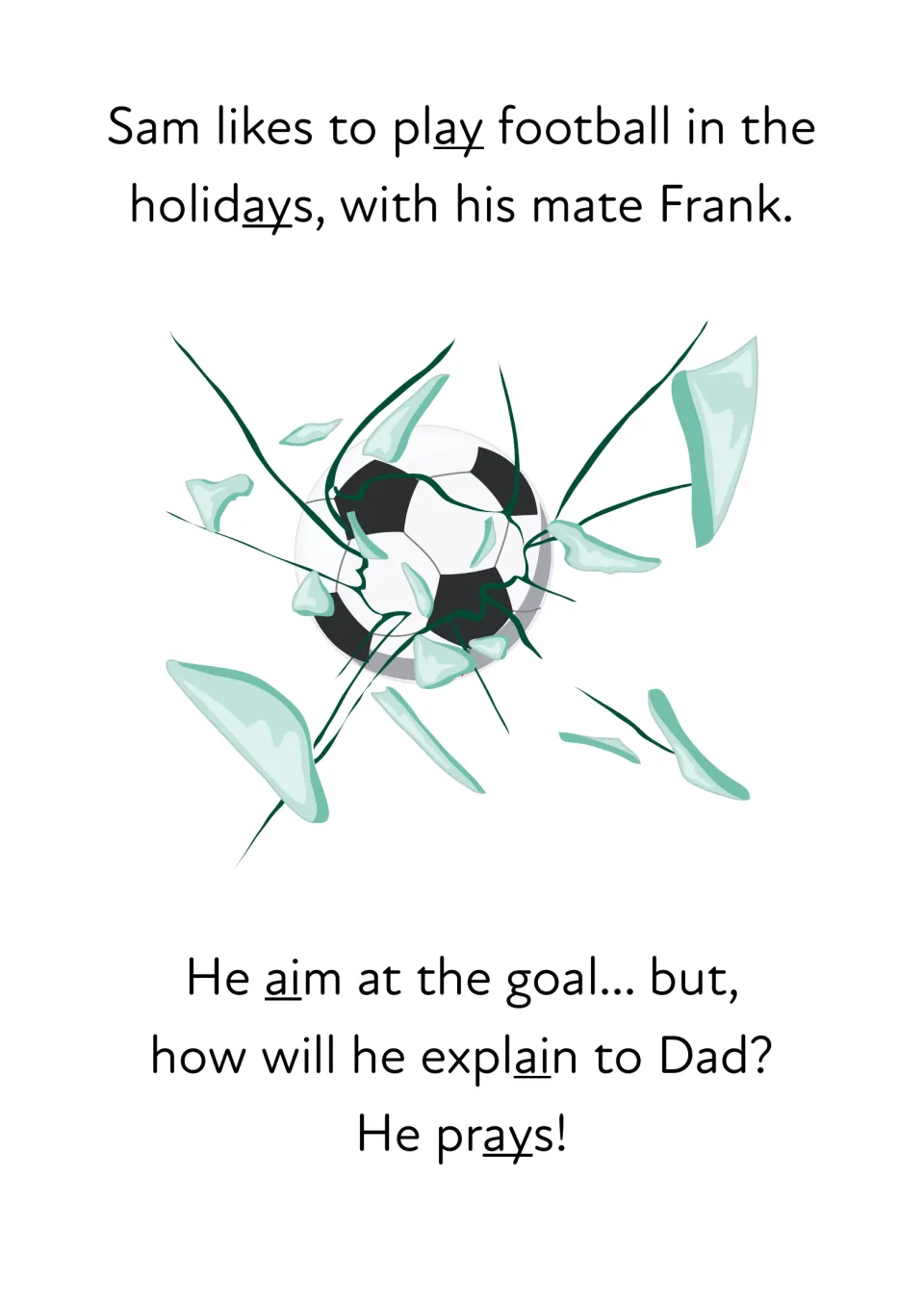 Football story opener with ai and ay underlined in play, holidays, aim, explain and prays beside a ball smashing glass