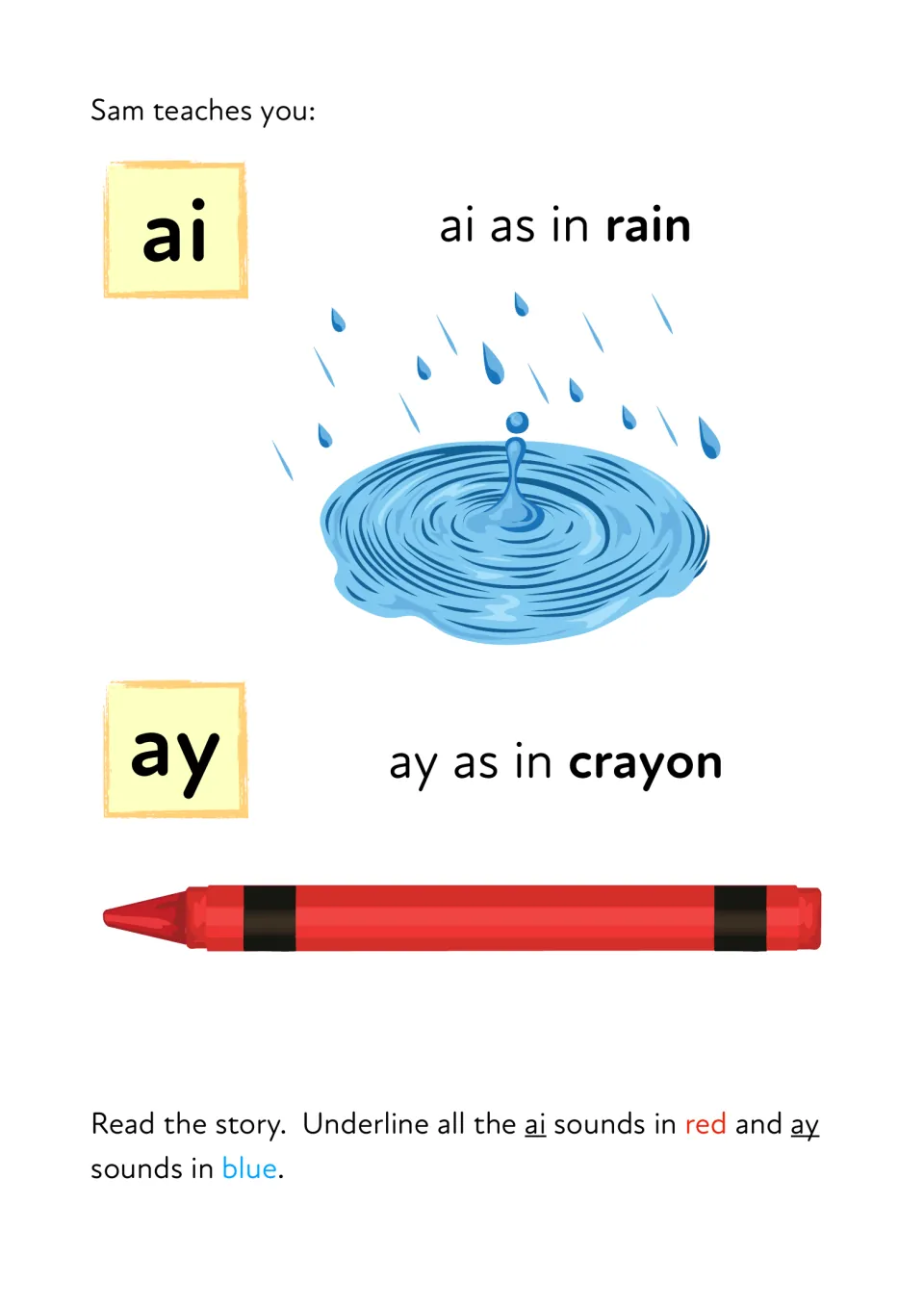 Sam teaches ai as in rain and ay as in crayon; students read the story and underline ai sounds in red and ay sounds in blue