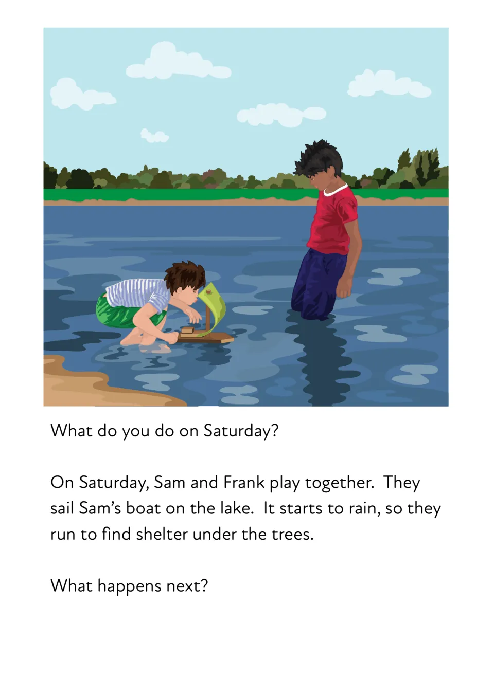 Saturday story: Sam and Frank sail a boat on the lake until rain comes; students read play, sail, rain and predict next