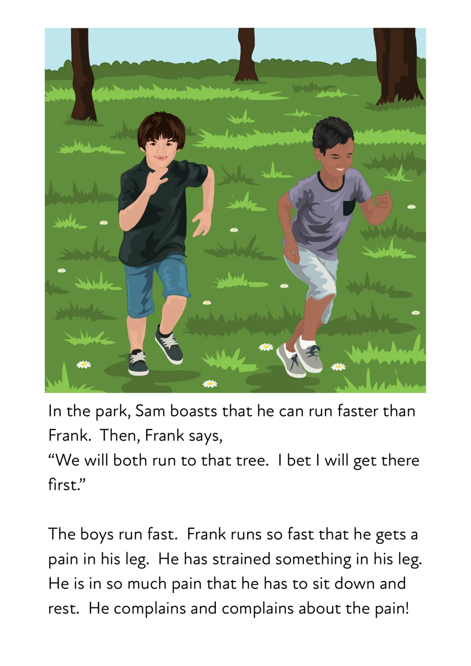 Park race story: the boys race to a tree and Frank gets a pain in his leg; ai words include strained and complains