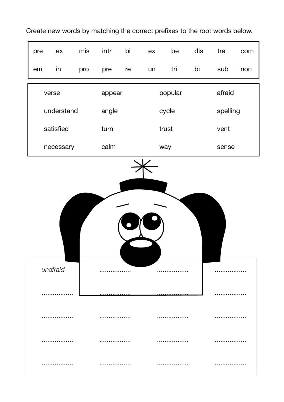 Prefix matching: students join prefixes such as un, dis, bi and tri to 16 root words like afraid and cycle into new words