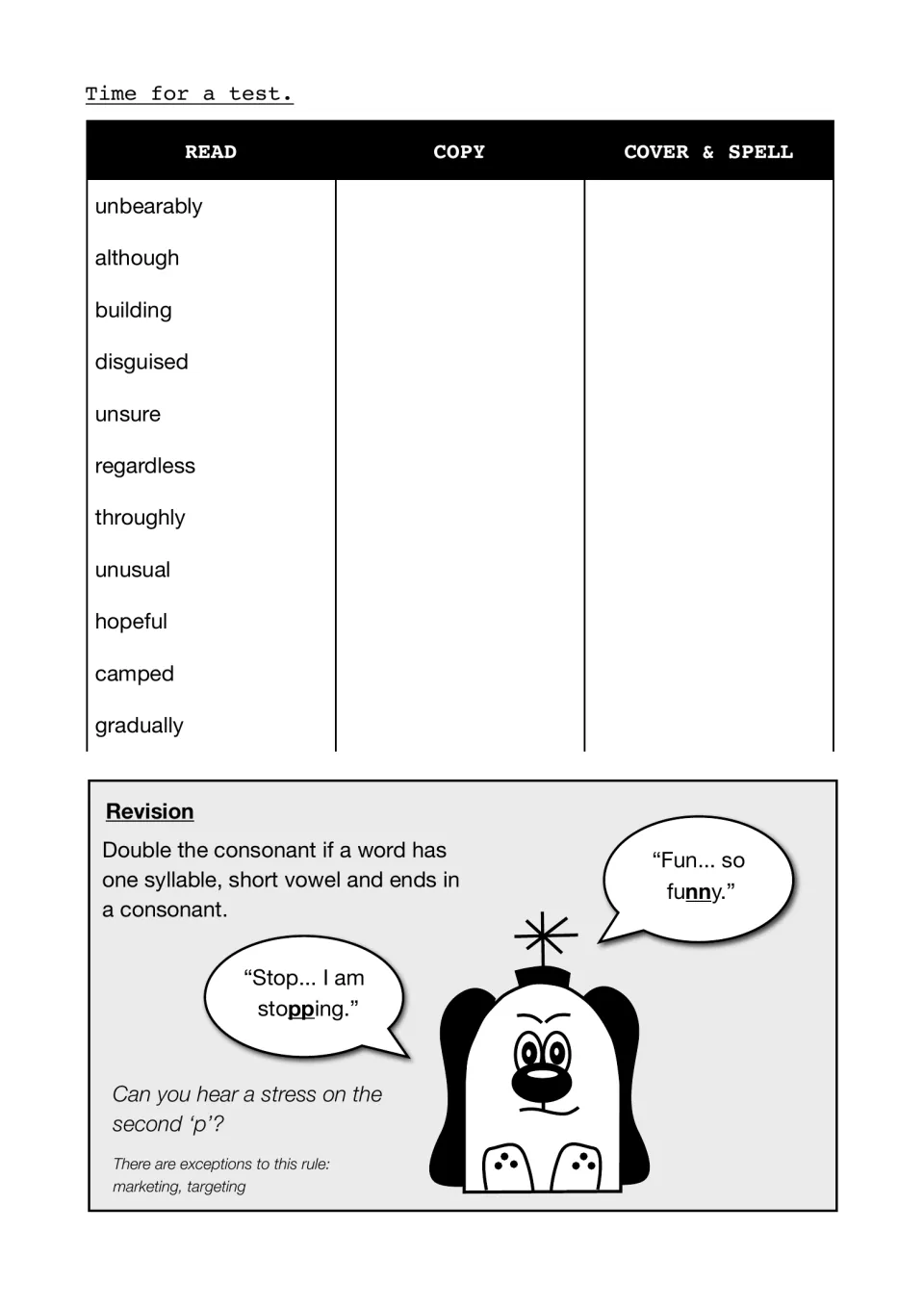 Spelling test: students read, copy, cover and spell 11 words such as unbearably and hopeful, plus a doubling rule recap