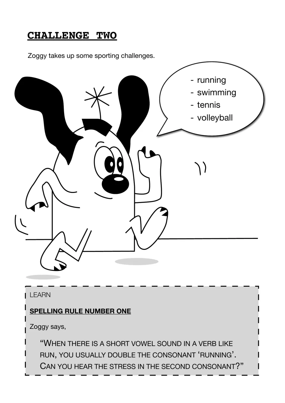 Spelling rule one: Zoggy the dog lists running, swimming, tennis and volleyball, then explains doubling after short vowels